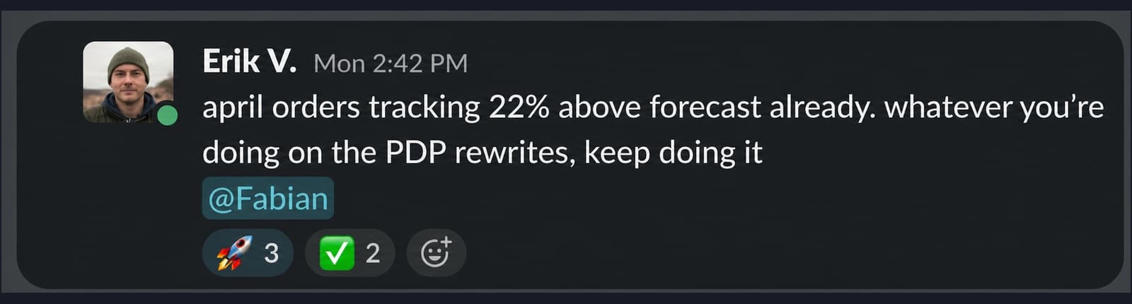 Slack message from Erik V. (Mon 2:42 PM): "april orders tracking 22% above forecast already. whatever you're doing on the PDP rewrites, keep doing it" mentioning @Fabian. 🚀 3 and ✅ 2 reactions.