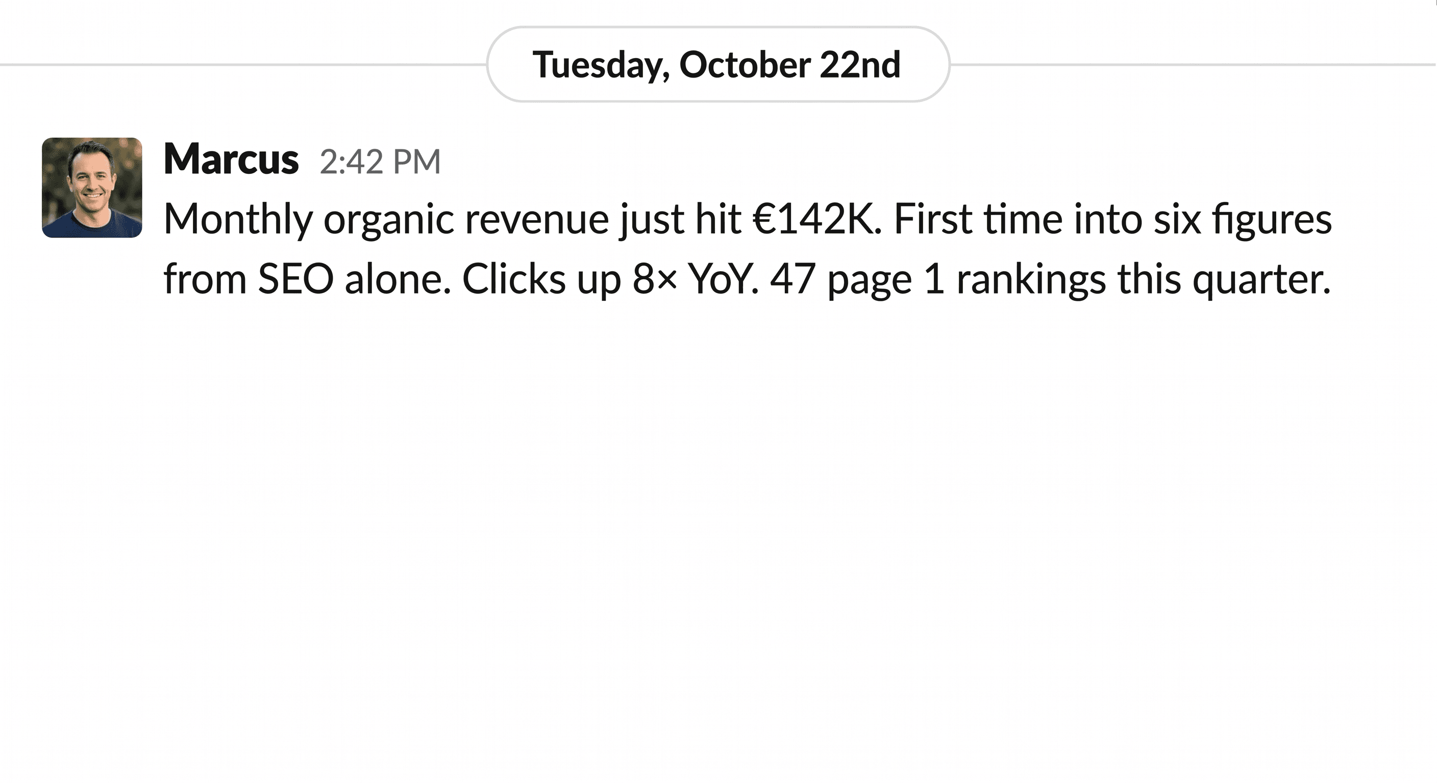 Slack: Fabian reports a new outdoor-benches category guide already ranking at position 8 and expected to compound in 2 to 3 weeks. The client asks how many more are in the Q2 pipeline.