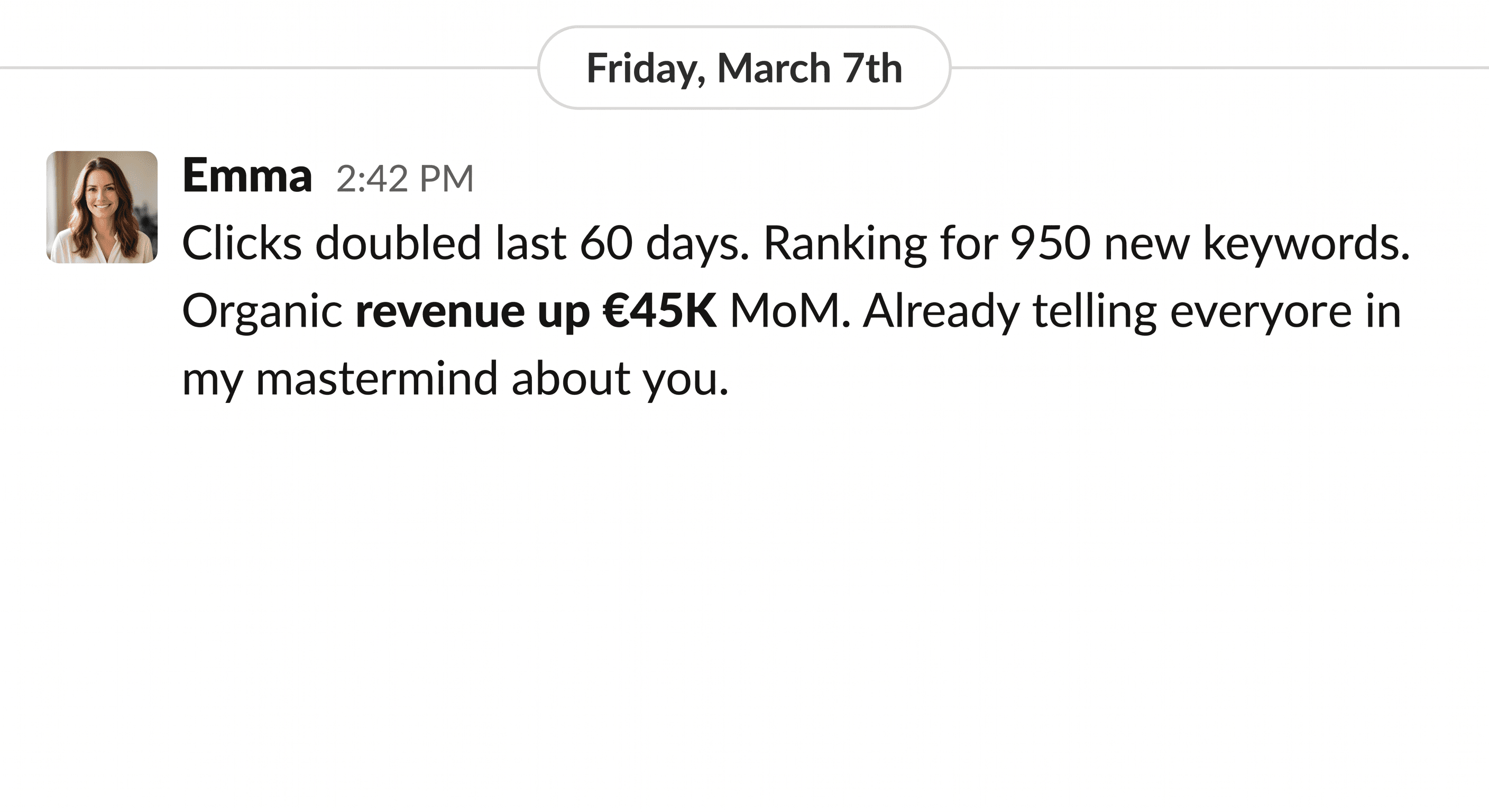 Slack: Fabian reports 12 PDP rewrites from March just tipped into top 3 rankings, with 4 at position 1. Emma asks to schedule Friday to plan the next 30 PDPs.