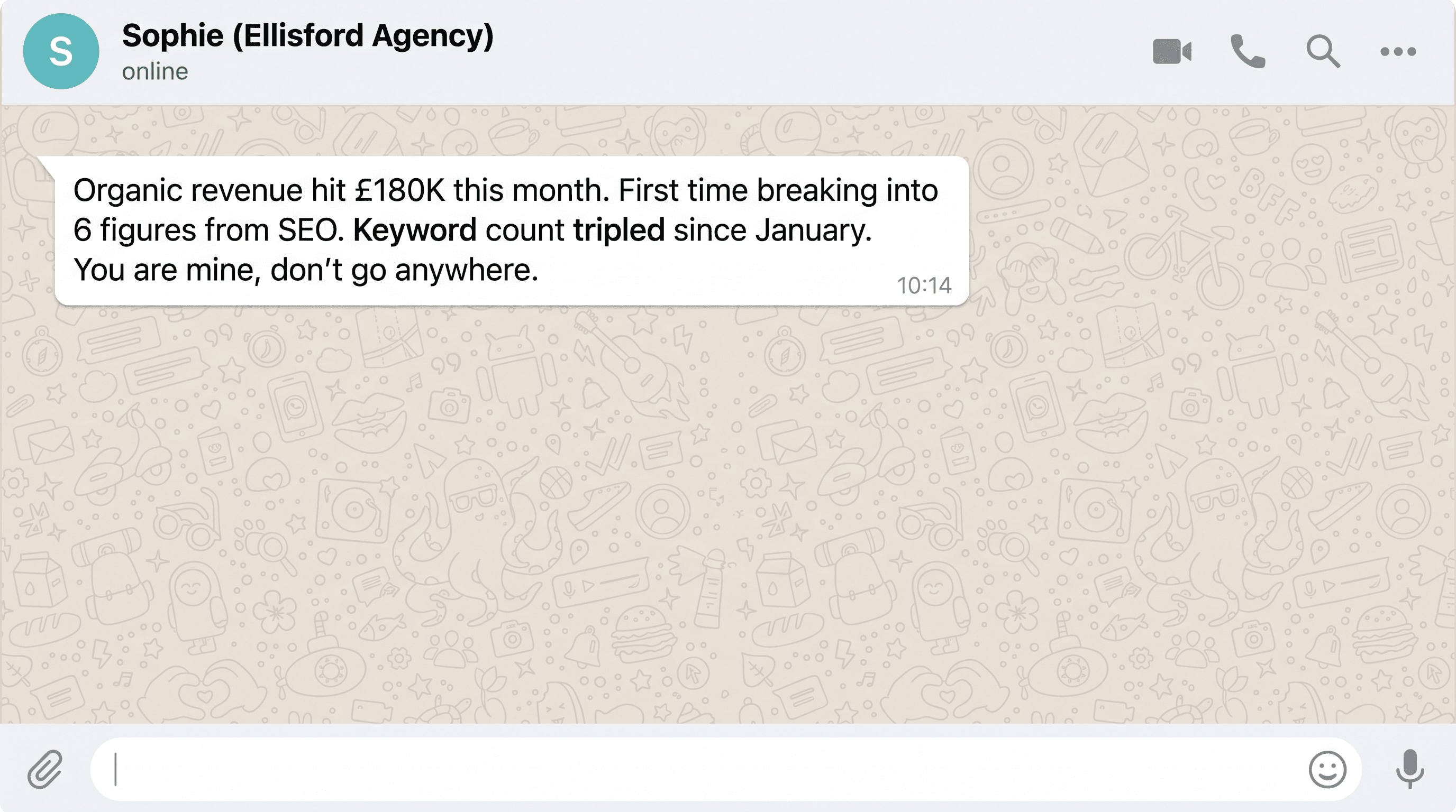 WhatsApp: Fabian updates the client on 3 editorial link placements going live (Vogue UK, Grazia, sustainability blog). The client replies their PR team is asking what else Fabian does.