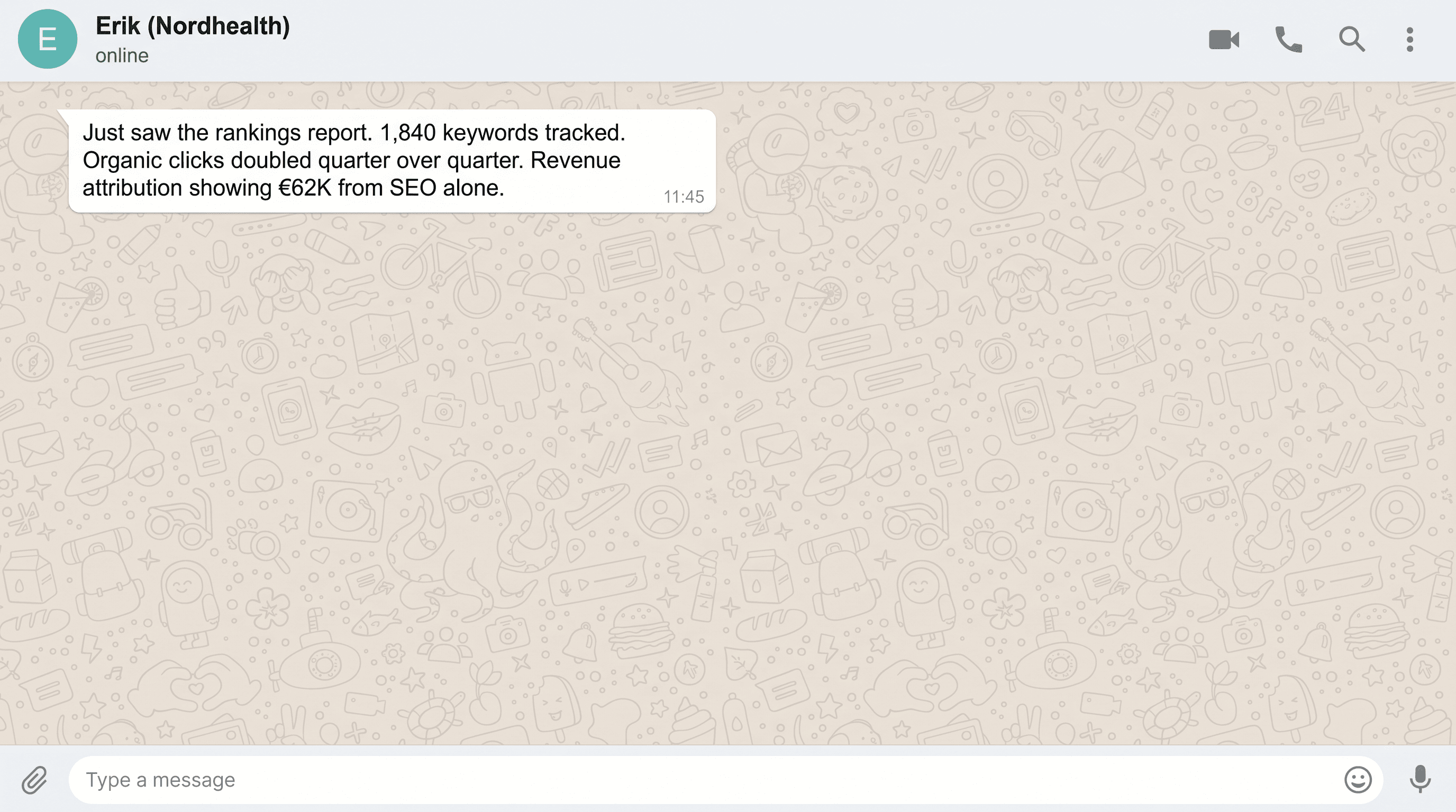 WhatsApp: Fabian shares a competitor gap analysis with 47 new topics. The client reviews it and approves all of them to start immediately.