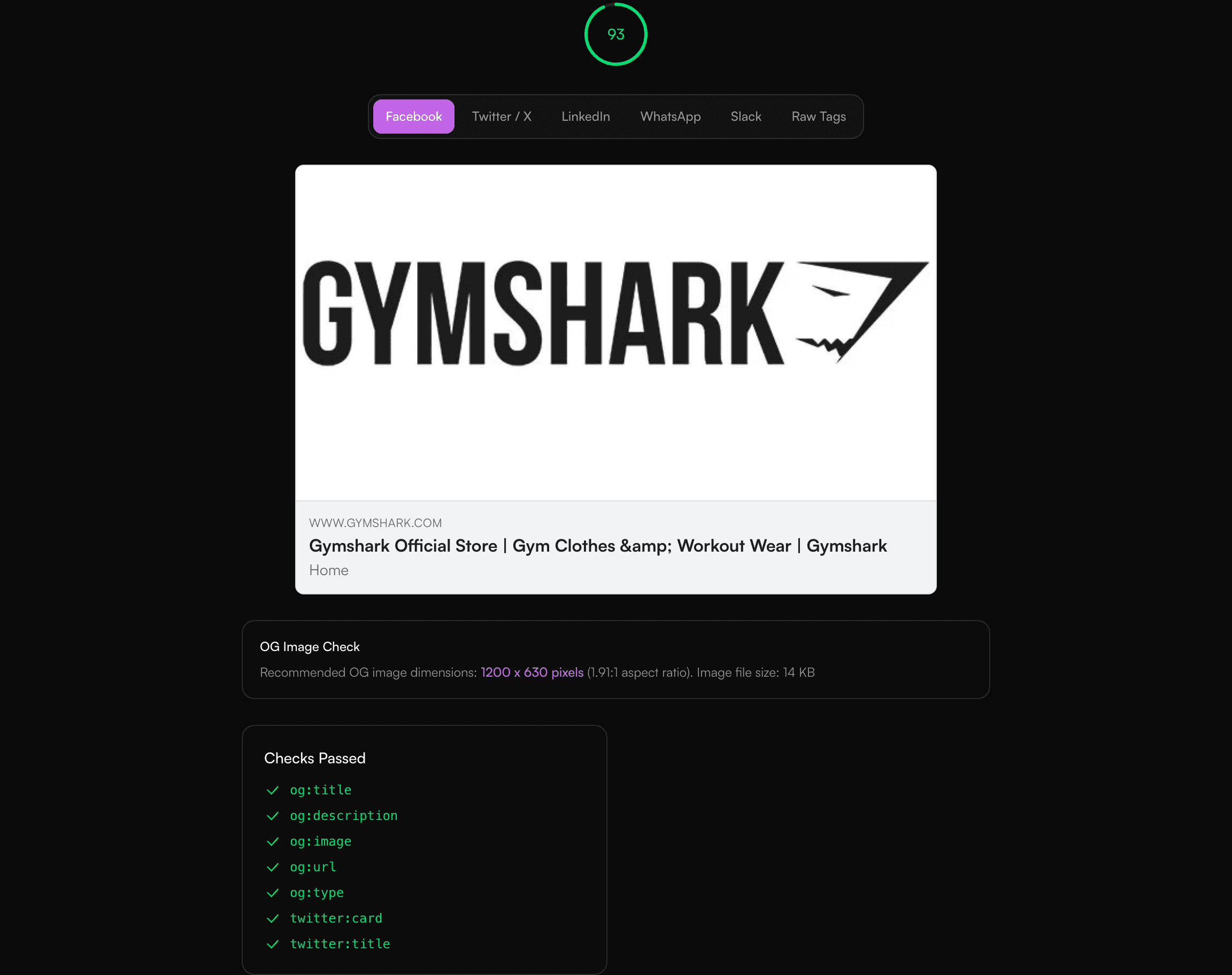 Open Graph Checker report preview showing the results layout, categories, and recommendations