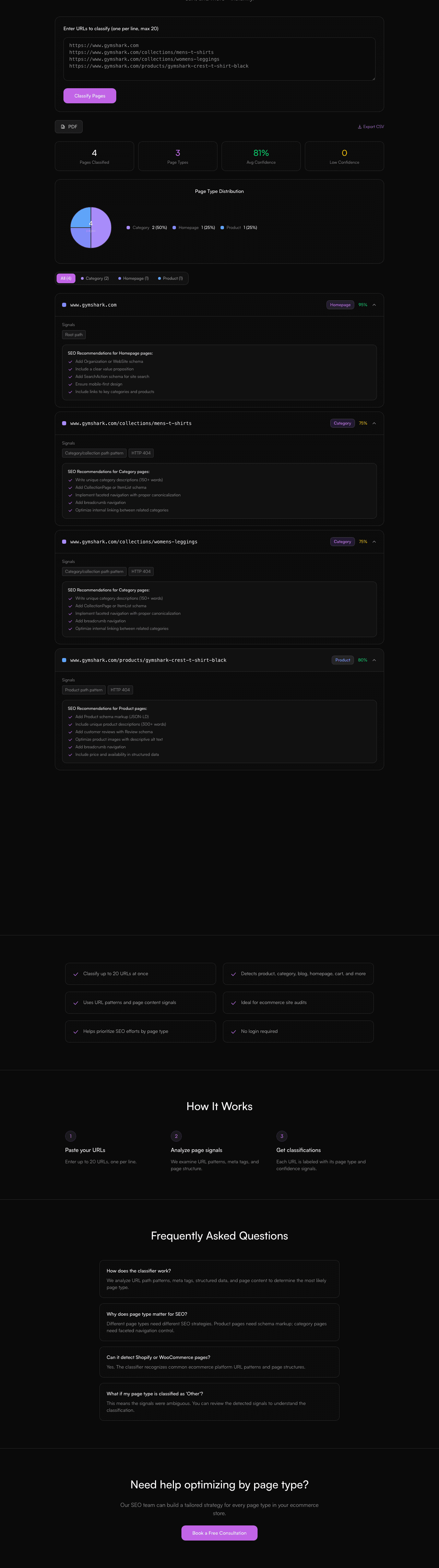 Ecommerce Page Type Classifier report preview showing the results layout, categories, and recommendations