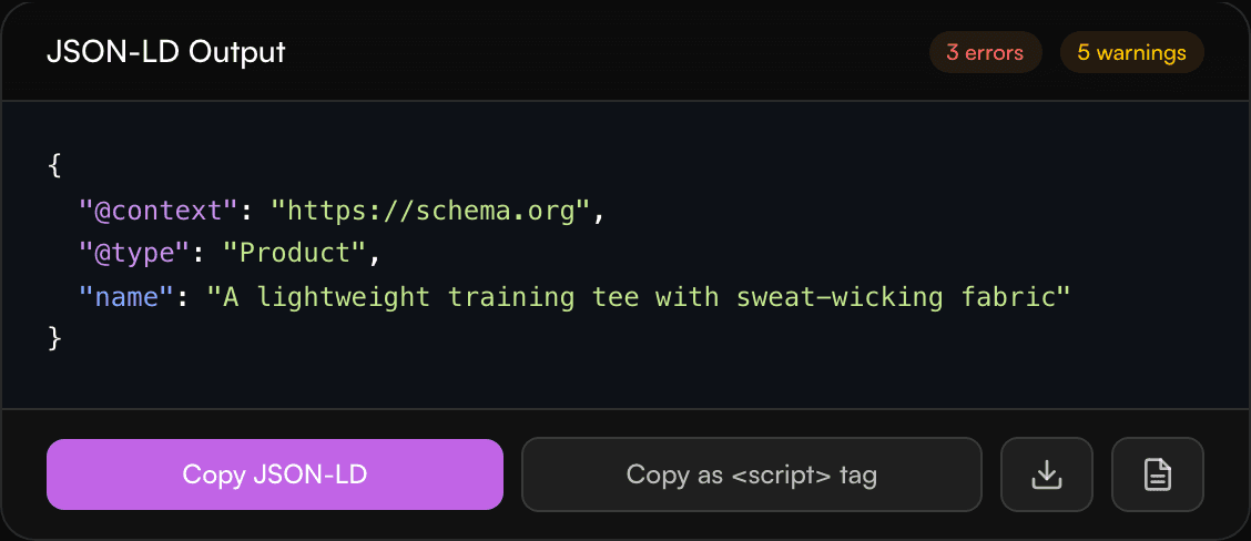 Product Schema Generator report preview showing the results layout, categories, and recommendations