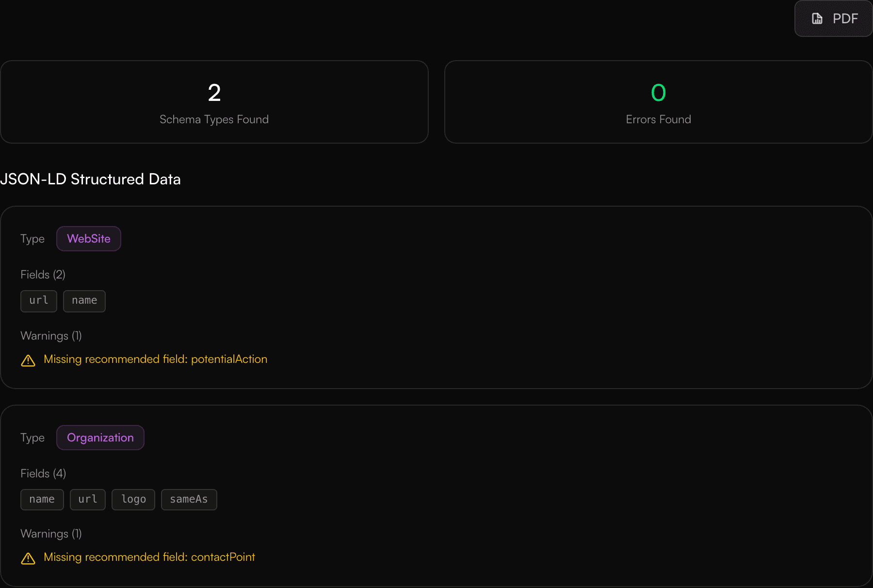 Schema Markup Validator report preview showing the results layout, categories, and recommendations